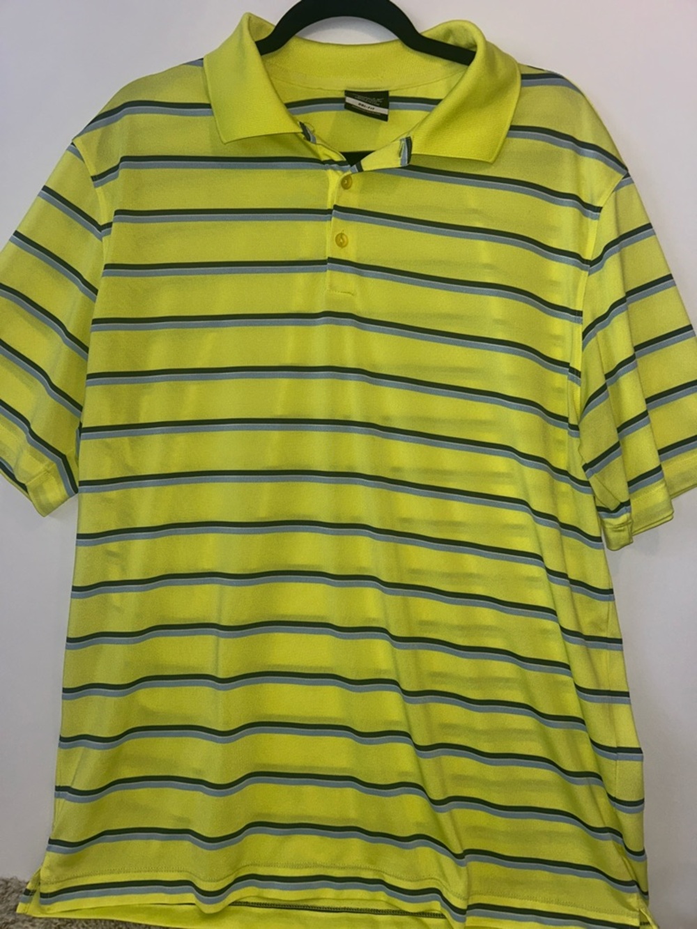 Nike Men's Neon Yellow Golf Polo with Navy and Gray Stripes